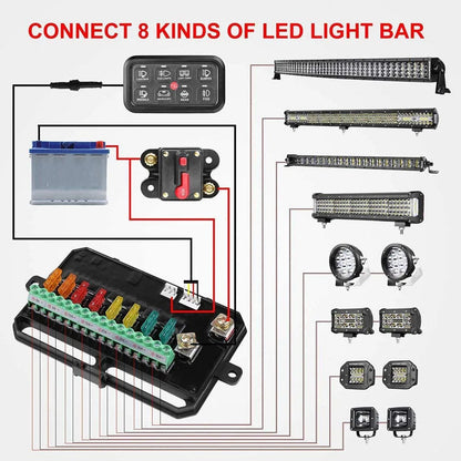 Universal 8-gang LED switch panel — wiring diagram for eight supported auxiliary-light circuits