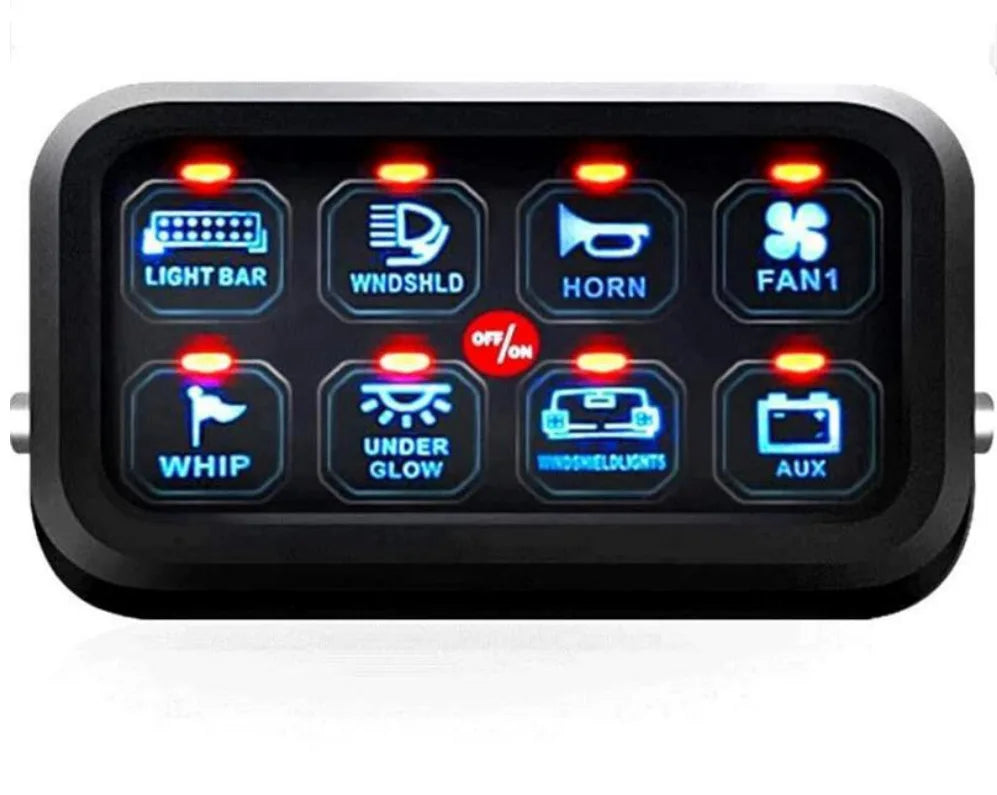 Universal 8-gang LED switch panel — front view with eight illuminated labelled buttons