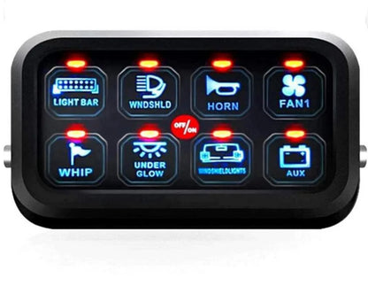 Universal 8-gang LED switch panel — front view with eight illuminated labelled buttons