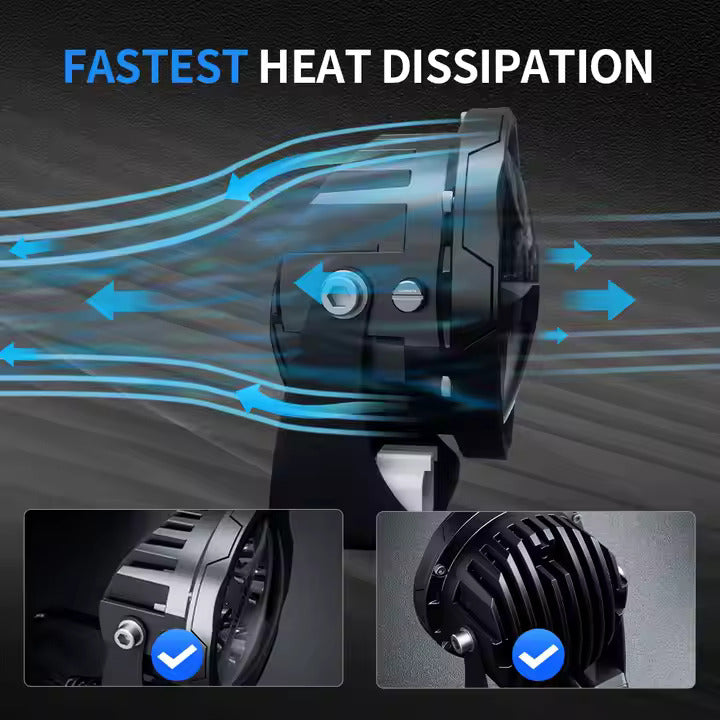 Aurora 4-inch RGB LED light — housing airflow and cooling-fin details