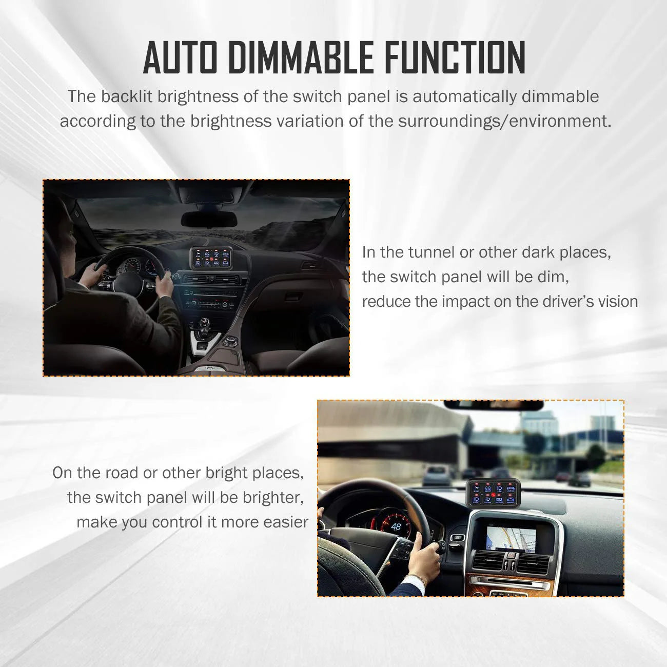 Universal 8-gang LED switch panel — automatic dimming examples for day and night driving