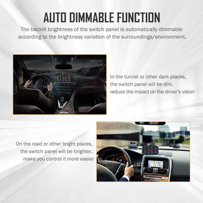 Universal 8-gang LED switch panel — automatic dimming examples for day and night driving