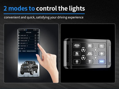 Aurora universal 9-gang LED switch panel — phone app and physical switch-panel control modes