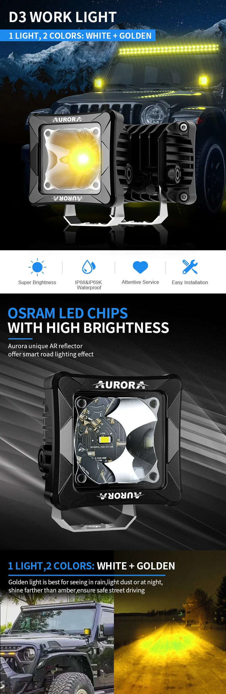 Aurora 3Inch 30W Yellow and White Color Led Driving Auxiliary Fog Lamp (1 Pcs)
