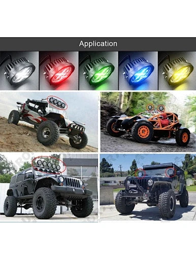 Aurora 4-inch RGB LED flood lights — vehicle and off-road installation examples