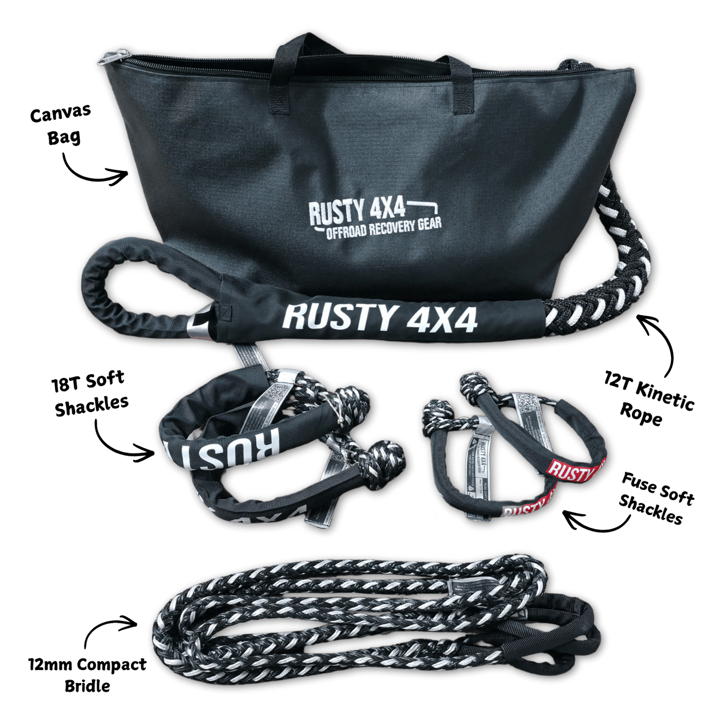 Off-road recovery kit with dark duffel bag, straps, shackles, and braided rope