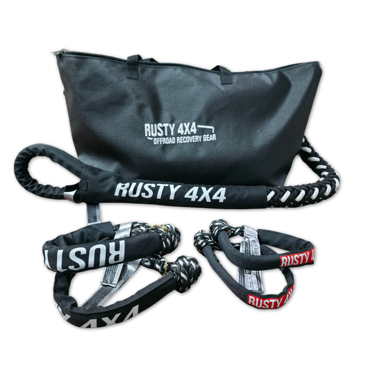 Medium kinetic recovery kit bag with rope straps and Rusty 4x4 recovery hardware