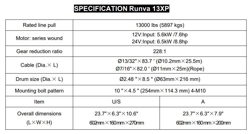 RUNVA 13XP PREMIUM 12V WITH STEEL CABLE