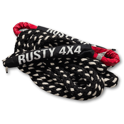 Braided kinetic recovery rope with red loops and 'RUSTY 4X4' label
