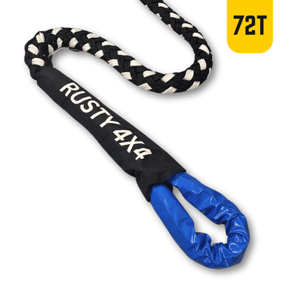 Kinetic recovery rope with braided black and white rope and blue fabric sleeve