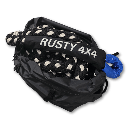 Kinetic recovery rope bundled in black carrying bag with blue rope end