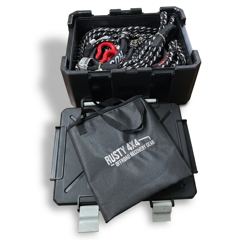 Recovery kit open case with gray pouch and braided black straps