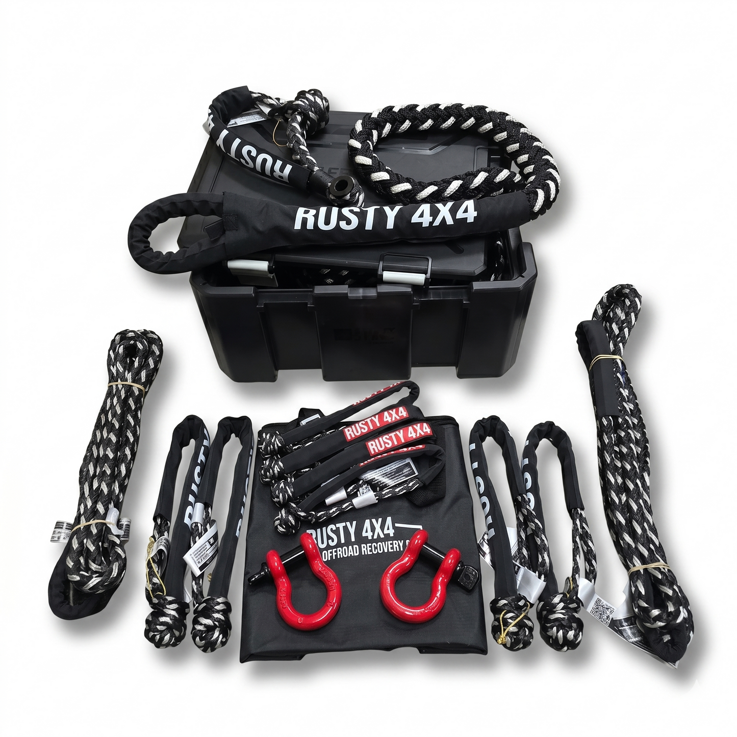 Recovery kit in black case with red hooks and braided recovery straps