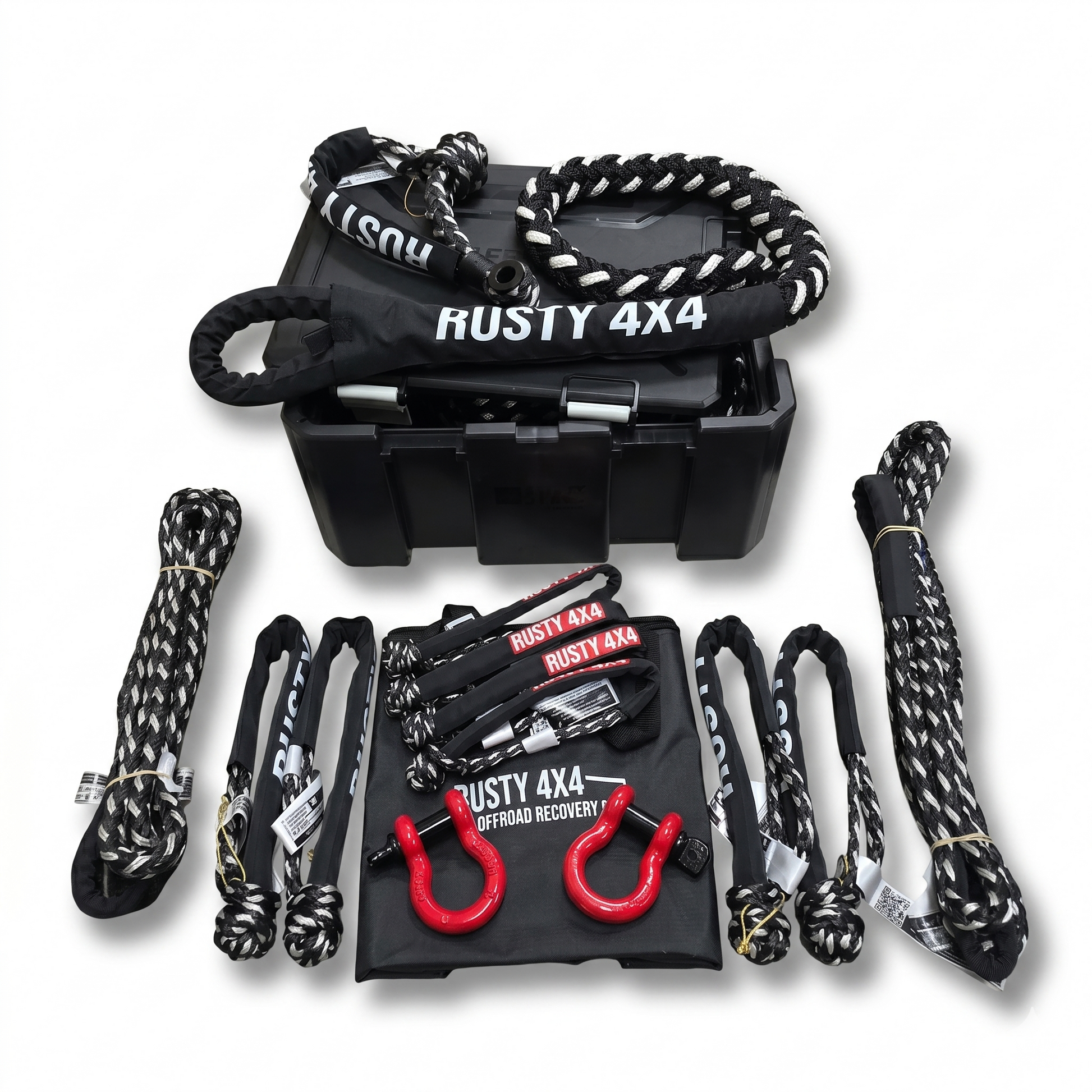 Recovery kit in black case with red hooks and braided recovery straps