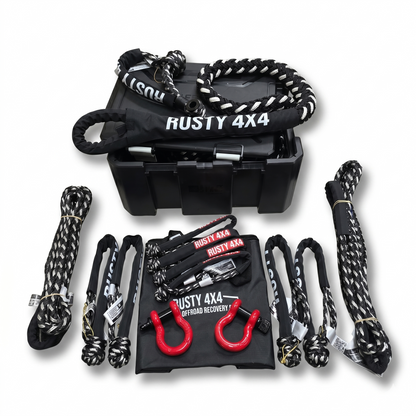 Recovery kit in black case with red hooks and braided recovery straps
