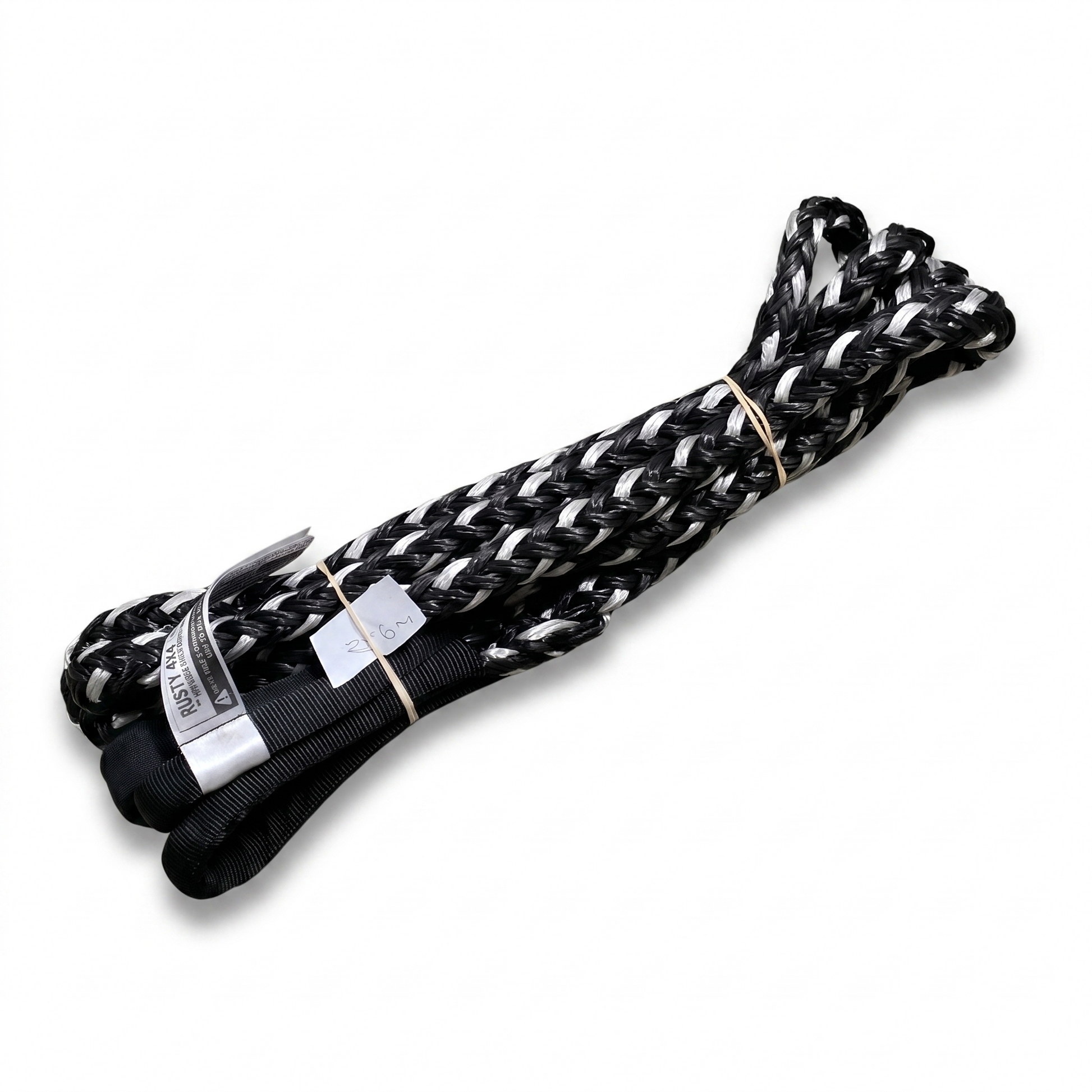 Braided black bridle rope in a compact bundled coil with fabric tag