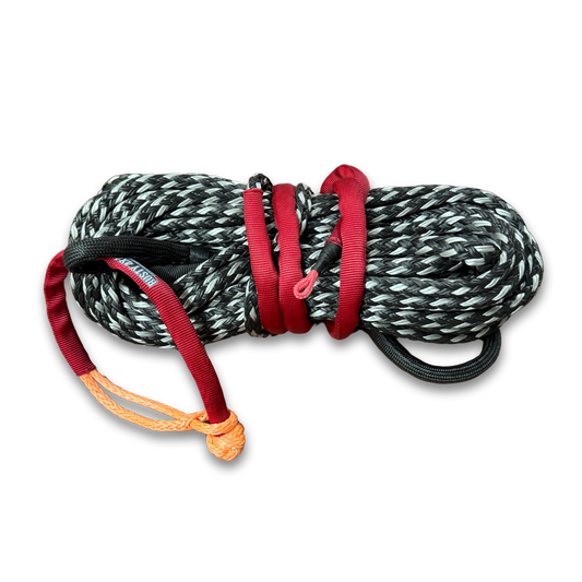 Braided steel winch line spool with red protective straps and looped hook