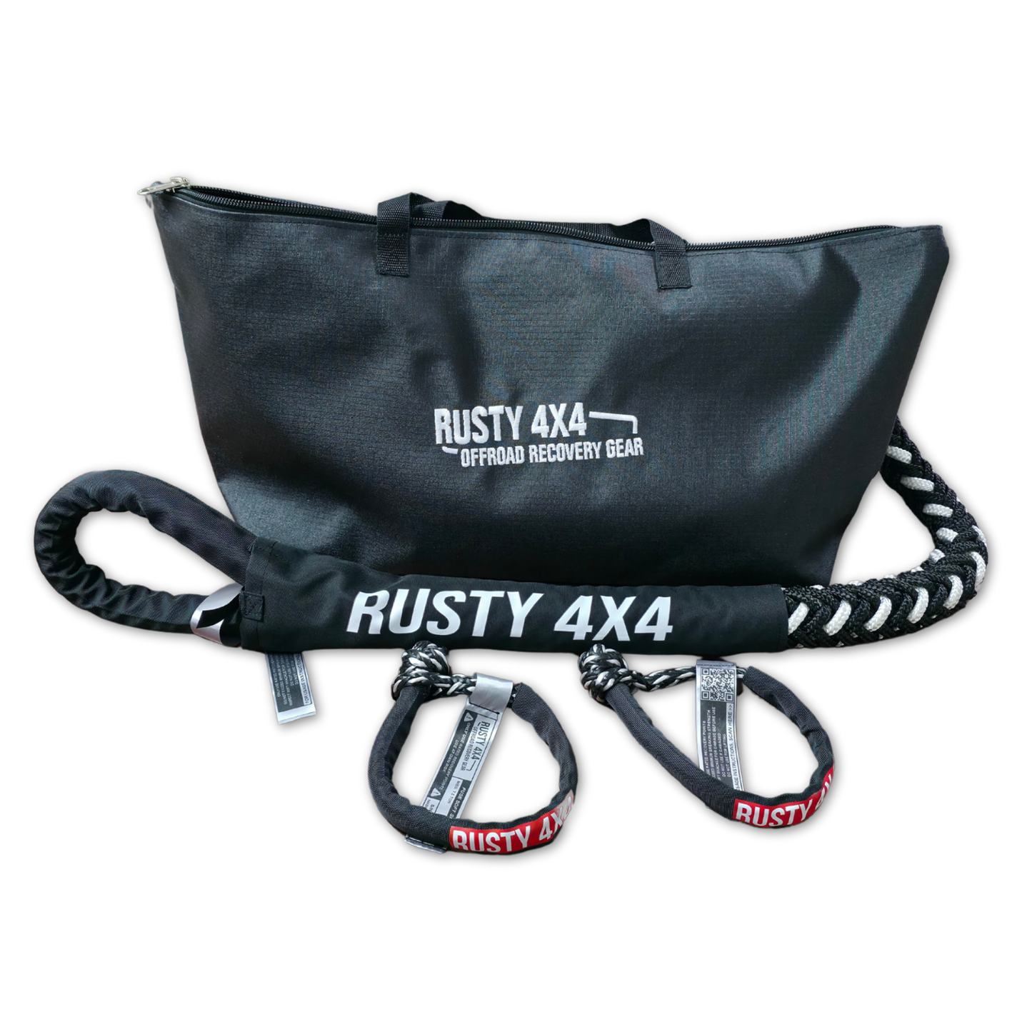 Small recovery kit bag with RUSTY 4X4 strap and coiled rope handles