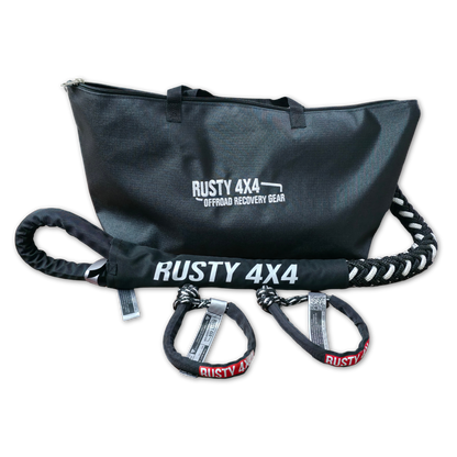 Small recovery kit bag with RUSTY 4X4 strap and coiled rope handles