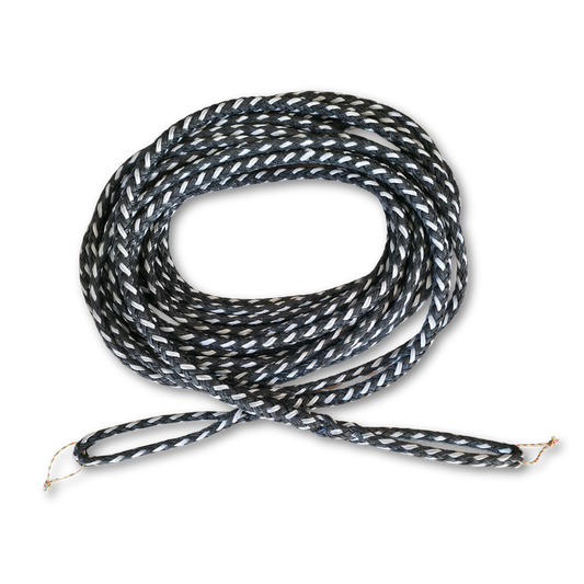 Coiled braided winch line extension cable with metal end fittings, dark silver and black