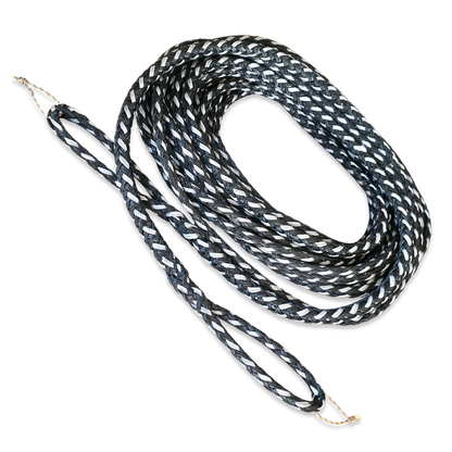 Braided winch line extension cable with metal end fitting, dark silver and black