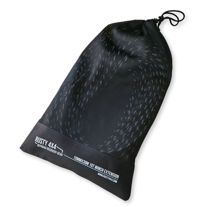 Winch line extension storage bag, dark mesh with RUSTY 4X4 logo