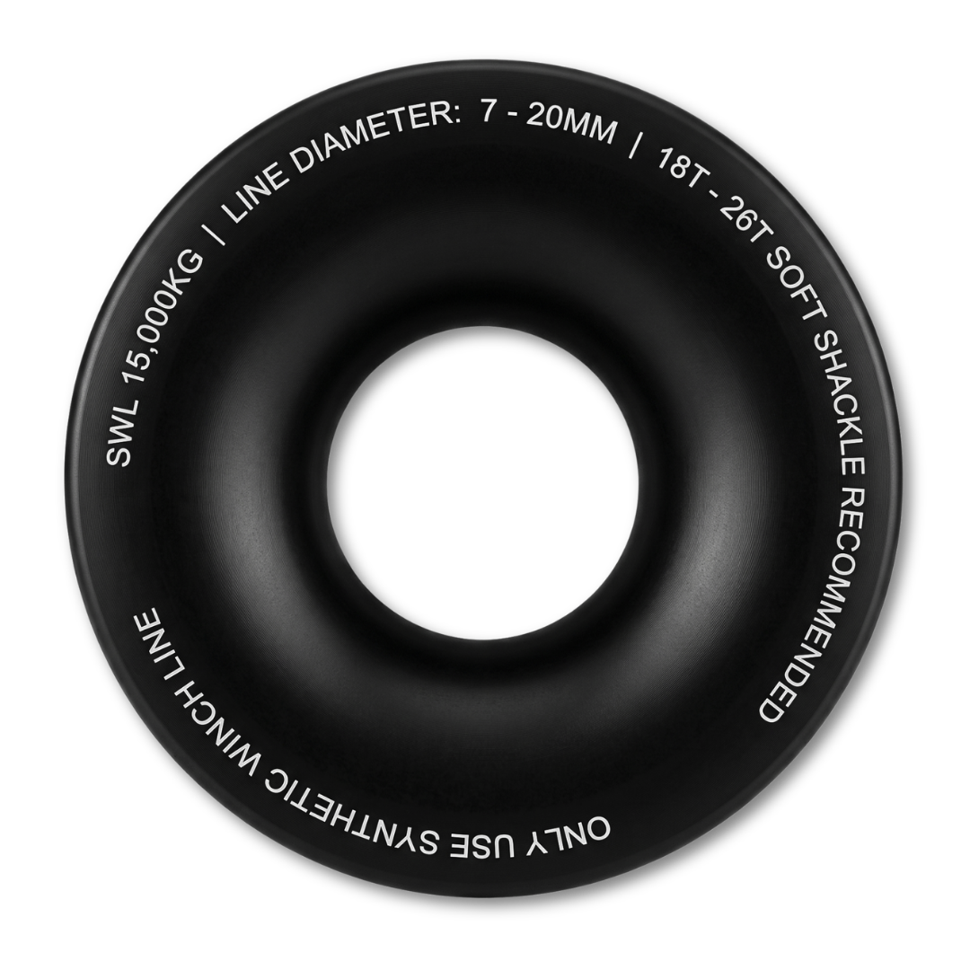 Black synthetic winch rope ring with central hole, white capacity and line size markings