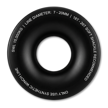 Black synthetic winch rope ring with central hole, white capacity and line size markings