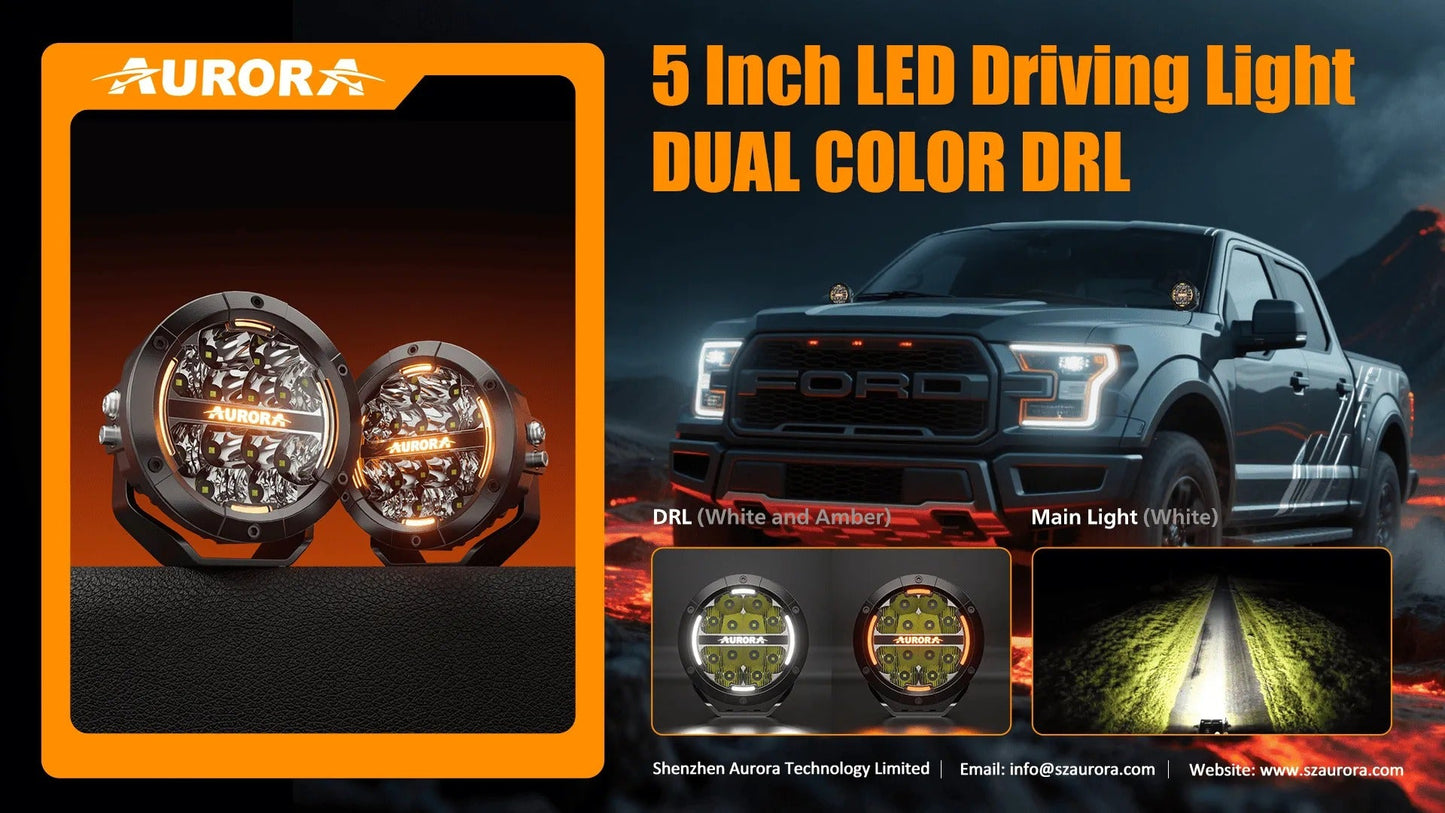 Aurora 5-inch driving light with amber DRL — feature overview with pair and road beam examples