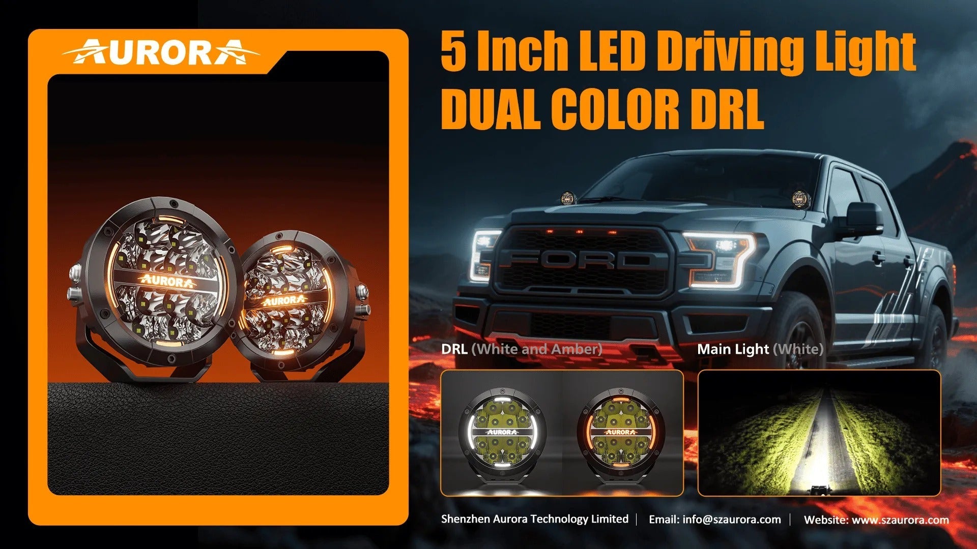 Aurora 5-inch driving light with amber DRL — feature overview with pair and road beam examples