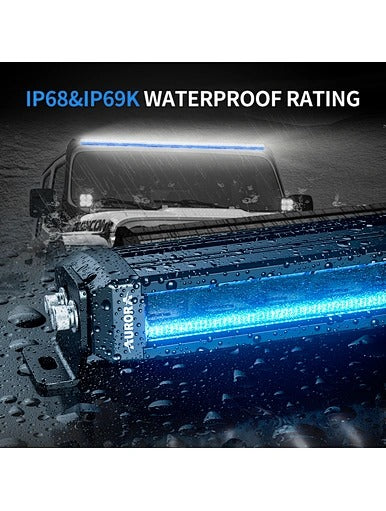 Aurora 40-inch screwless RGB-backlit LED light bar — blue-backlit light bar operating in water spray