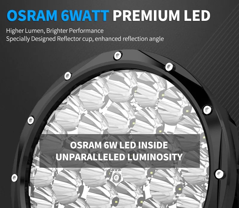 Aurora 7-inch high-lux driving lights — LED and reflector array close-up