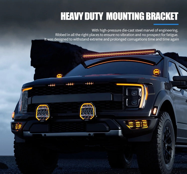 Aurora FireNova 7-inch driving lights — pair installed on the front of an off-road pickup