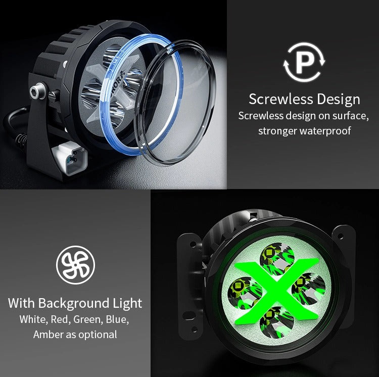 Aurora 4-inch RGB LED spotlights — screwless lens ring and green backlight details