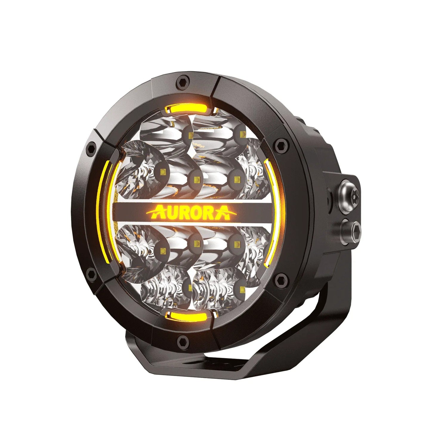 Aurora 5-inch driving light with amber DRL — angled front and side product view