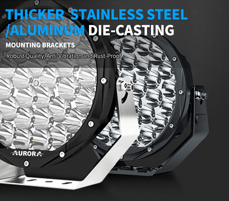 Aurora 7-inch high-lux driving lights — mounting bracket and die-cast housing details