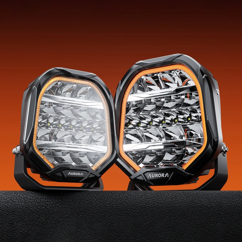 Aurora FireNova 7-inch driving lights — pair with white lenses and amber DRL outlines