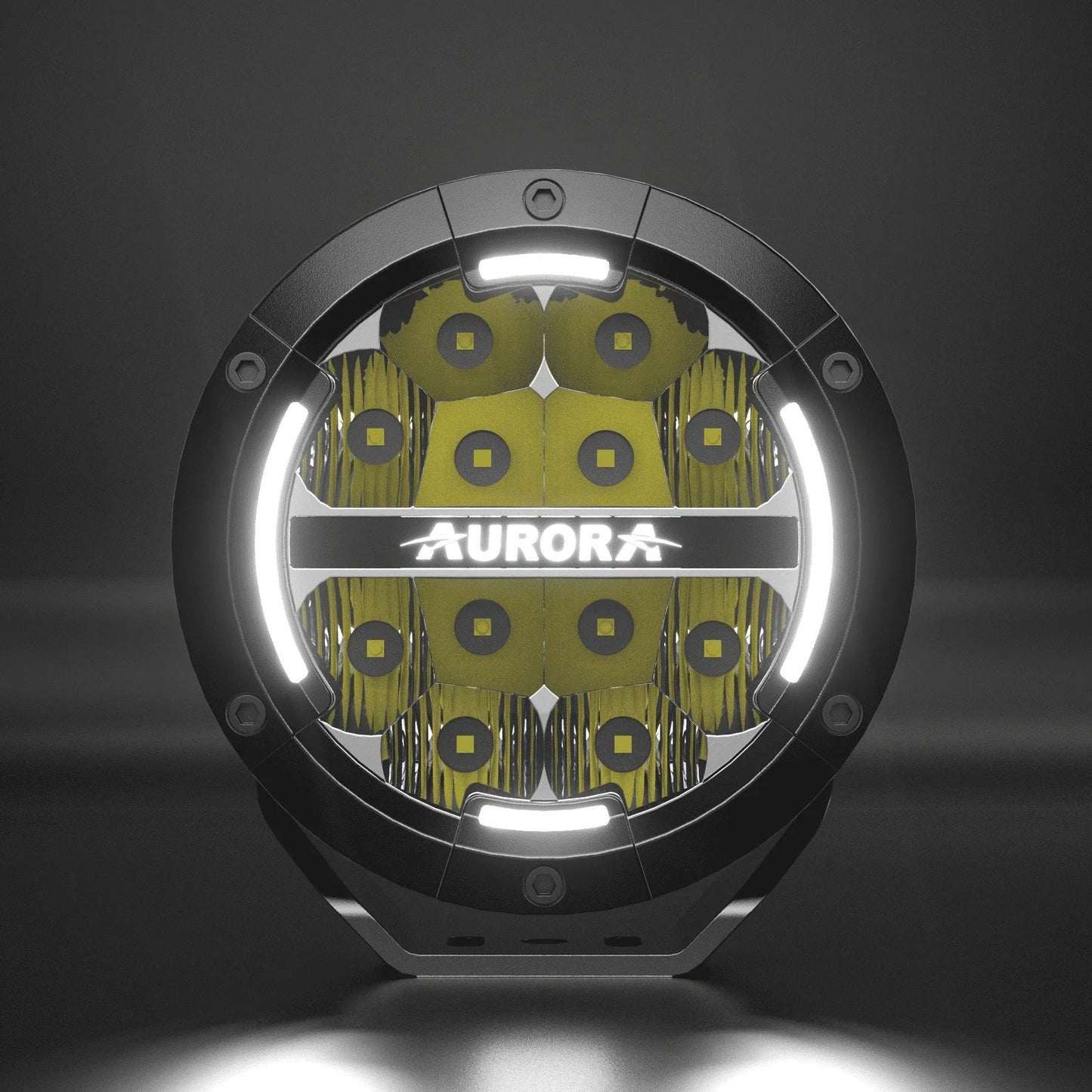 Aurora 5-inch driving light with amber DRL — front close-up of reflectors and LED array