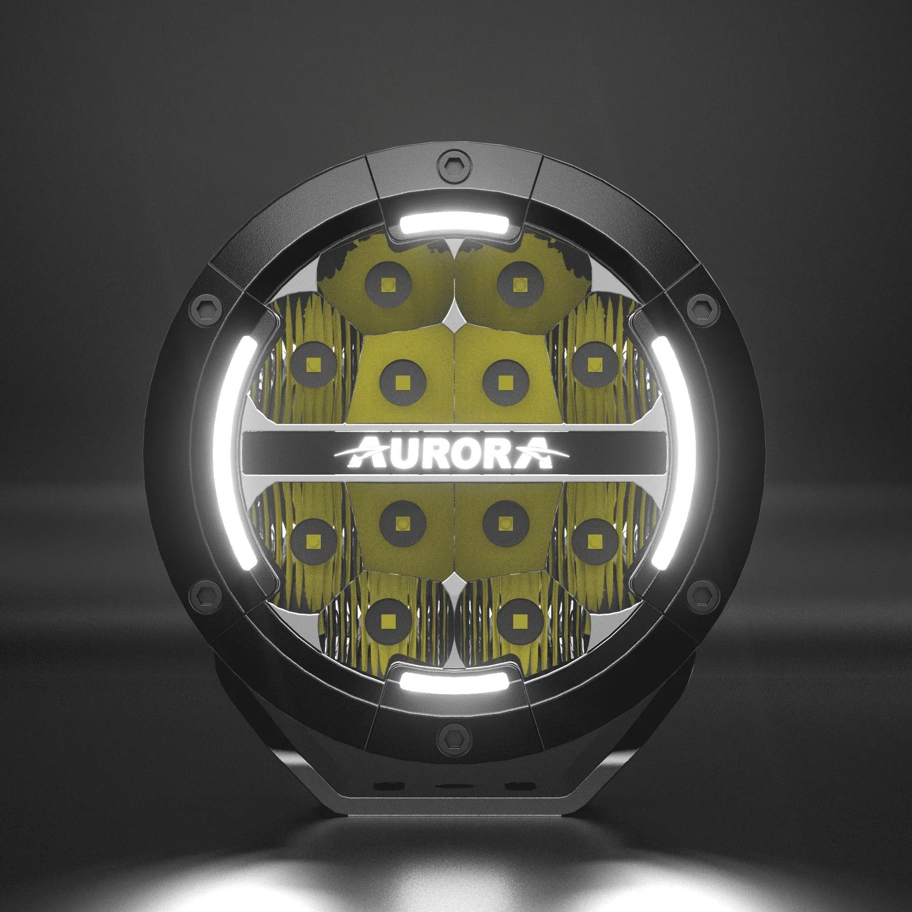 Aurora 5-inch driving light with amber DRL — front close-up of reflectors and LED array