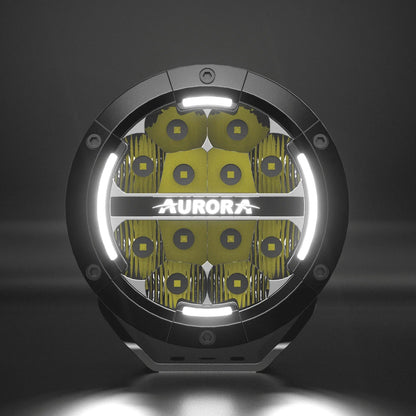 Aurora 5-inch driving light with amber DRL — front close-up of reflectors and LED array