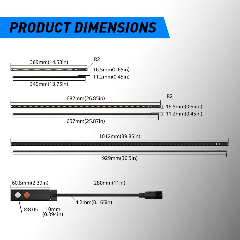 Aurora dimmable camping light — bar, end-cap and switch dimensions