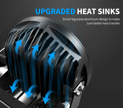 Aurora 7-inch high-lux driving lights — rear cooling fins and airflow arrows