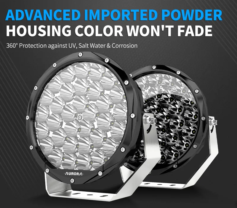 Aurora 7-inch high-lux driving lights — front and rear housing finish comparison