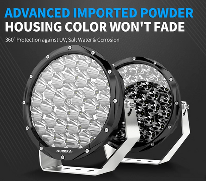 Aurora 7-inch high-lux driving lights — front and rear housing finish comparison