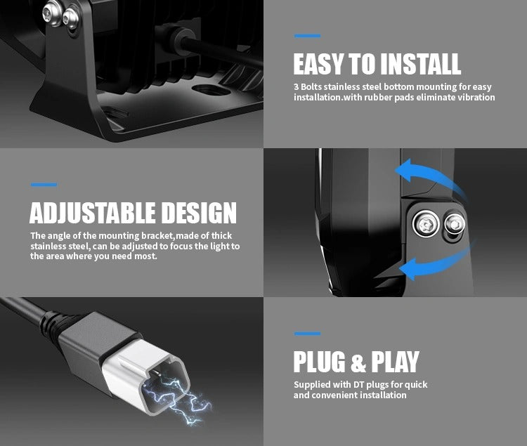Aurora FireNova 7-inch driving lights — adjustable bracket and DT connector details