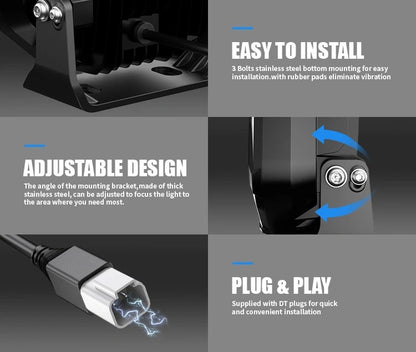Aurora FireNova 7-inch driving lights — adjustable bracket and DT connector details