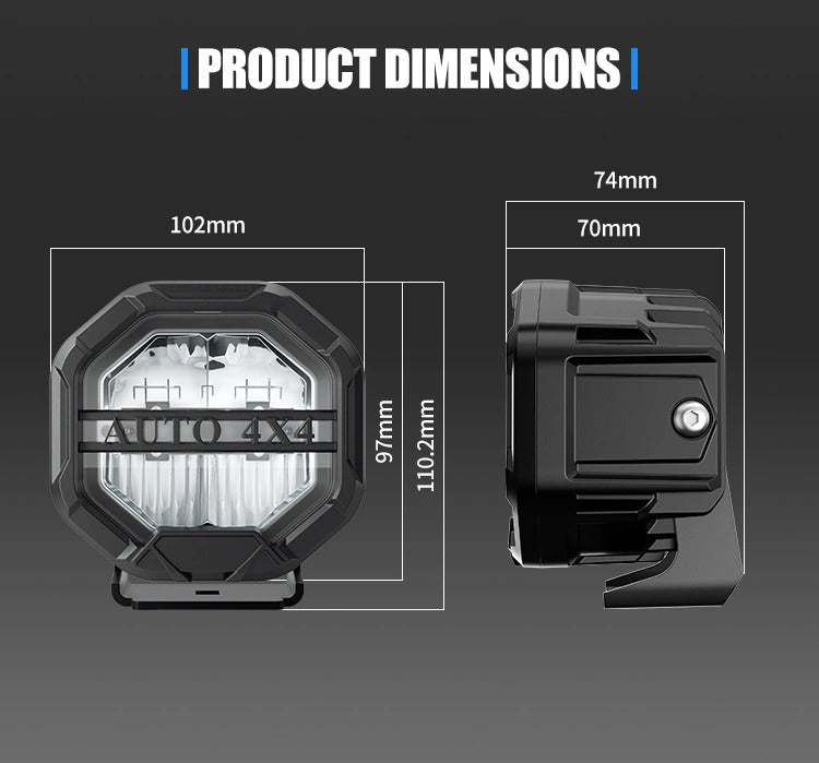 Aurora FireNova 4-inch linkable lights, two-light set — front and side product dimensions