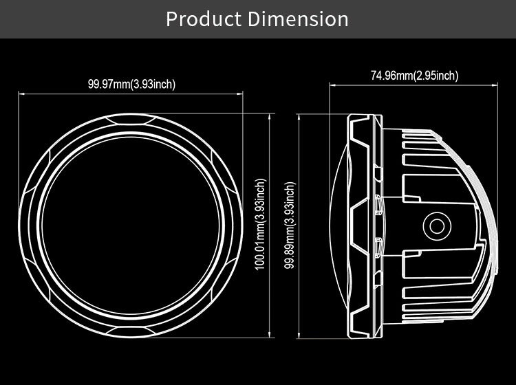 Aurora 4-inch RGB LED flood lights — front and side product dimensions