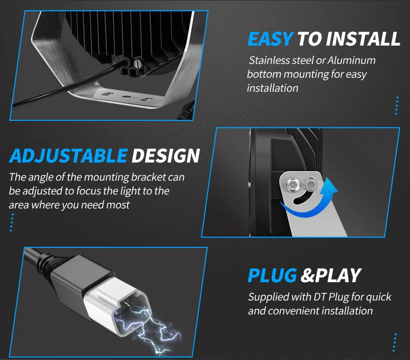 Aurora 7-inch high-lux driving lights — adjustable bracket and DT connector details