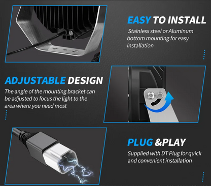 Aurora 7-inch high-lux driving lights — adjustable bracket and DT connector details